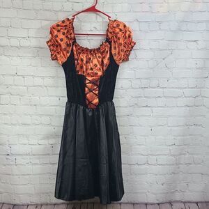 Girls Halloween Fancy Dress Witch Costume L 12/14 Black/Orange Polka Dot Wench